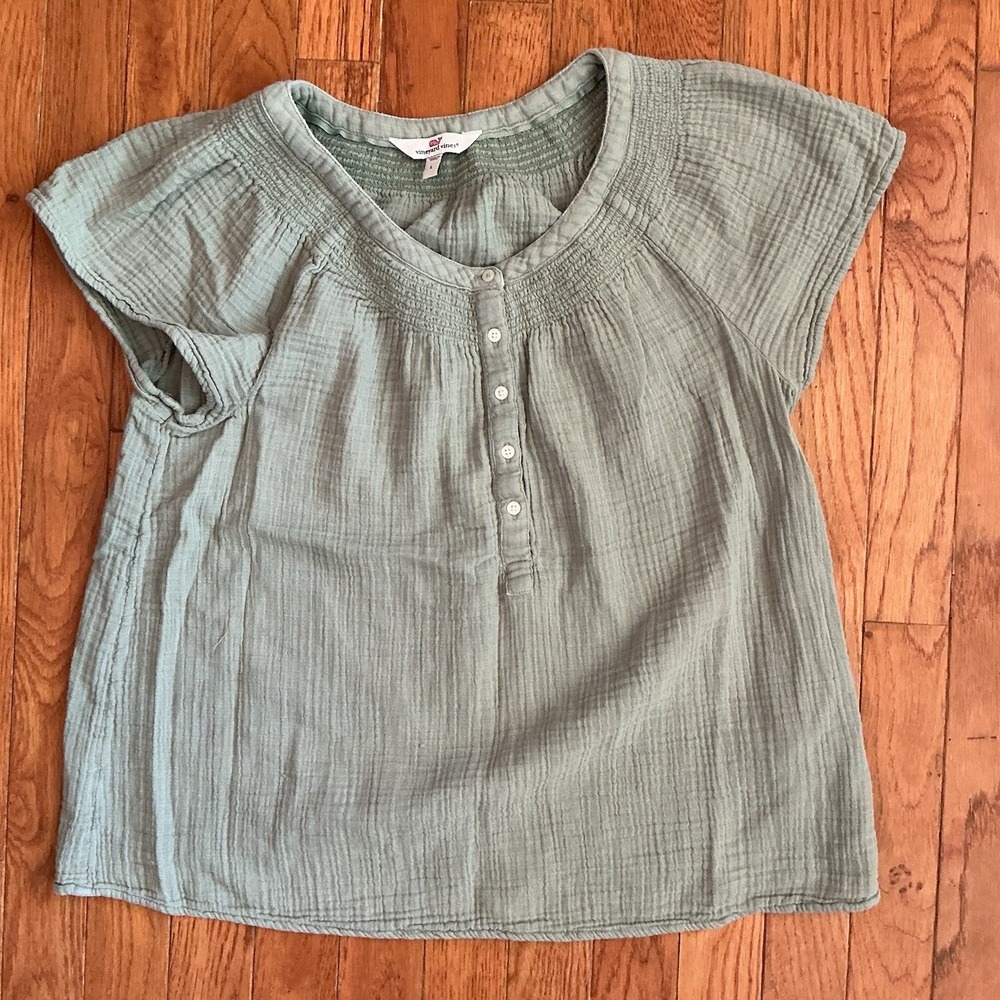 Vineyard Vines Gauze Flutter Sleeves Smocked Popover Casual Mint Green Medium
